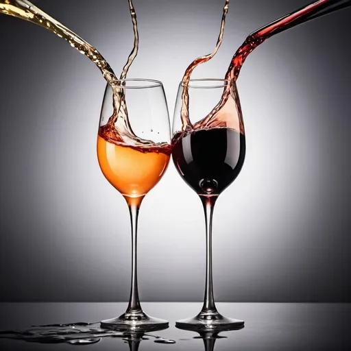 Prompt: The image shows two wine glasses clinking together, one filled with peach wine and the other with black wine. The liquids are dramatically splashing out of the glasses, creating an elegant and dynamic design.