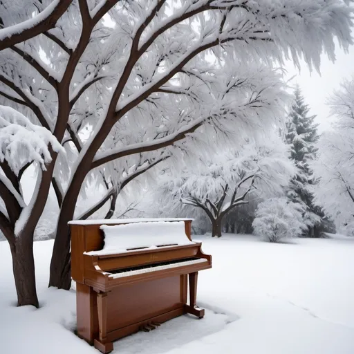 Prompt: Snowfall is occurring on the mountains. There is ice on the trees. There was a piano under a tree, it was covered with snow. Photo click by blaze camera, focus on piano.