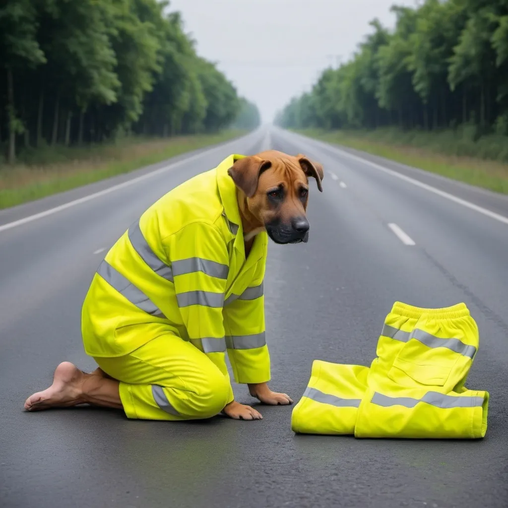 Prompt:  Someone has thrown a yellow colored high visibility warehouse uniform (jacket and pyjama)on the road. A realistic photo 