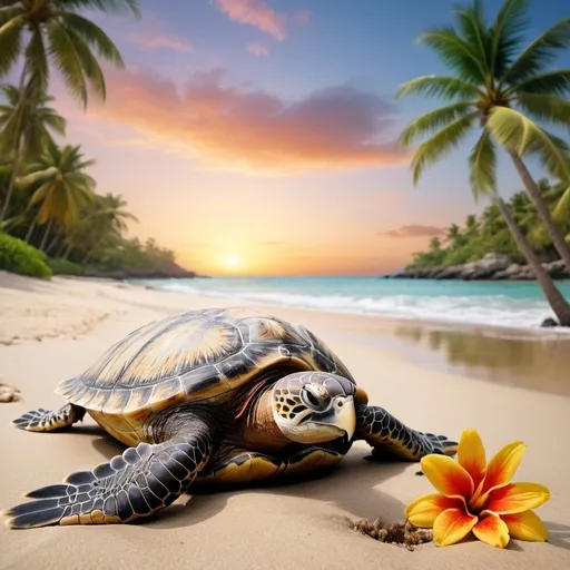 Prompt: A realistic photo needs to be inspired by nature, with a focus on flowers and garden, in which a sea turtle far away on a sea beach and a Parrot with flower in its beak sit on a palm tree. Picture click by blaze camera