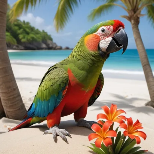 Prompt: A realistic photo needs to be inspired bY nature. There are shells and turtles on the seashore and palm trees on the shore. A parrot with flowers in his beak is sitting on a nearby palm tree. Picture click by blaze camera