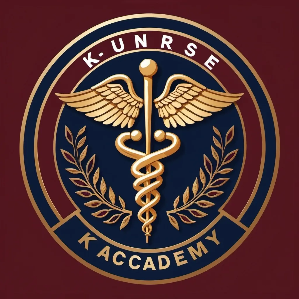 Prompt: A logo for K-nurse Academy, colour is dark red, dark blue, gold. possibilities may include a stethoscope, a caduceus, or a nursing cap. With abstract of nurse