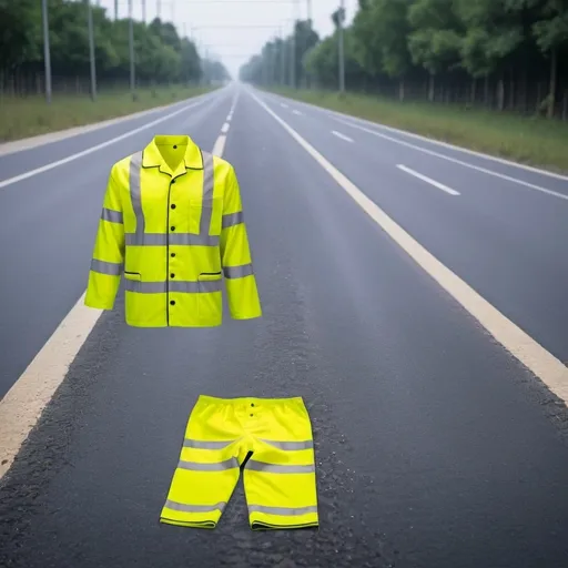 Prompt: a yellow colored high visibility warehouse uniform (jacket and pyjama) placed on the road. A realistic photo 