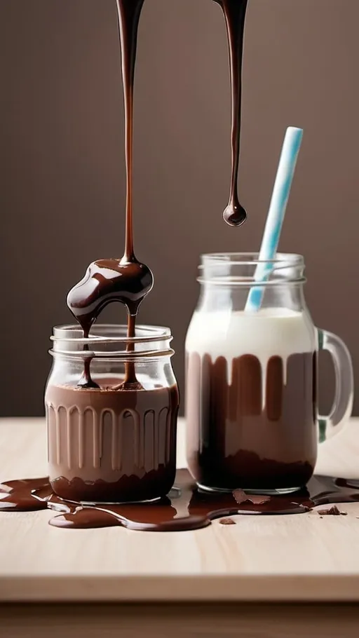 Prompt: A realistic photo click by blaze camera in which Chocolate syrup dripping from a jar with put nearby chocolate slices. And one milk jar kept with it ,milk glistening from it.