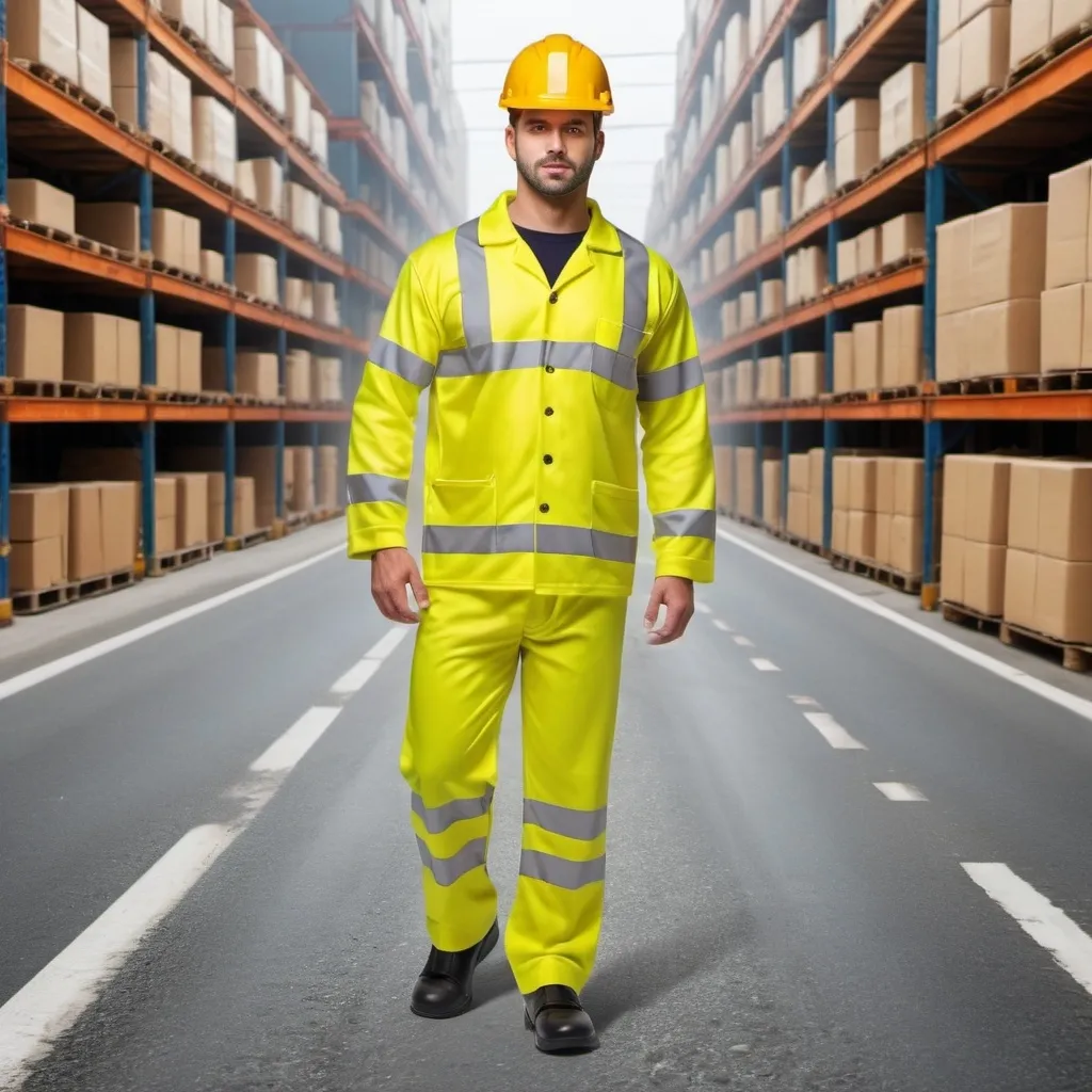 Prompt: a yellow colored high visibility warehouse uniform -open jacket and pyjama placed on the road. A realistic photo 