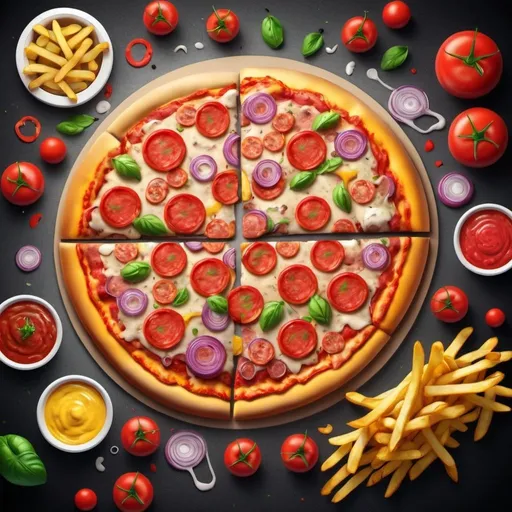 Prompt: Vibrant and bright colors will be used in the poster, in the poster -pizza, burgers, french fries look like realistic In the poster also all this is in 3D style,
