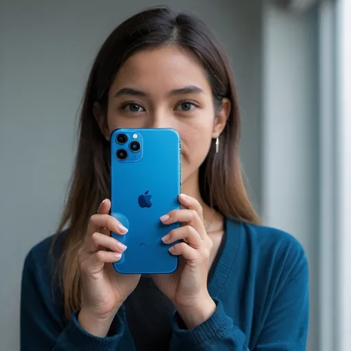 Prompt: A photo shows a women holding a blue colour iPhoneb15 pro smartphone. The focus on iphone .Photo click by blaze camera.