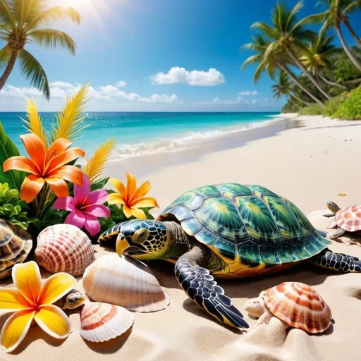 Prompt: Realistic photograph of seashore with shells, turtles, palm trees, parrot with flowers, high quality, nature-inspired, detailed shells and turtles, vibrant colors, tropical, scenic lighting, beach landscape, professional photo, blaze camera, vibrant wildlife, detailed feathers, tropical paradise, scenic beauty