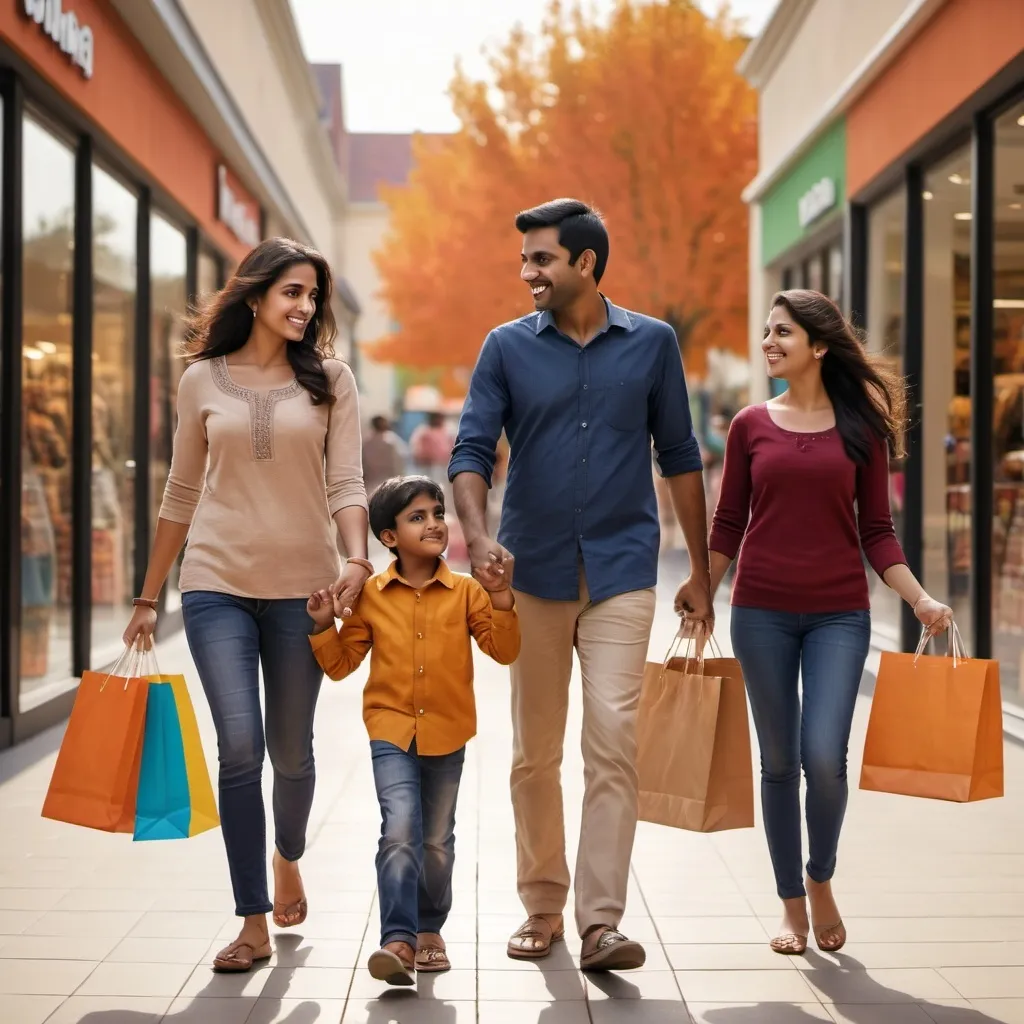 Prompt: A photo of indian family (man , woman, boy and girl) who carries shopping bags. Behind of them a retail store is showing. Photo click by blaze camera,focus on family