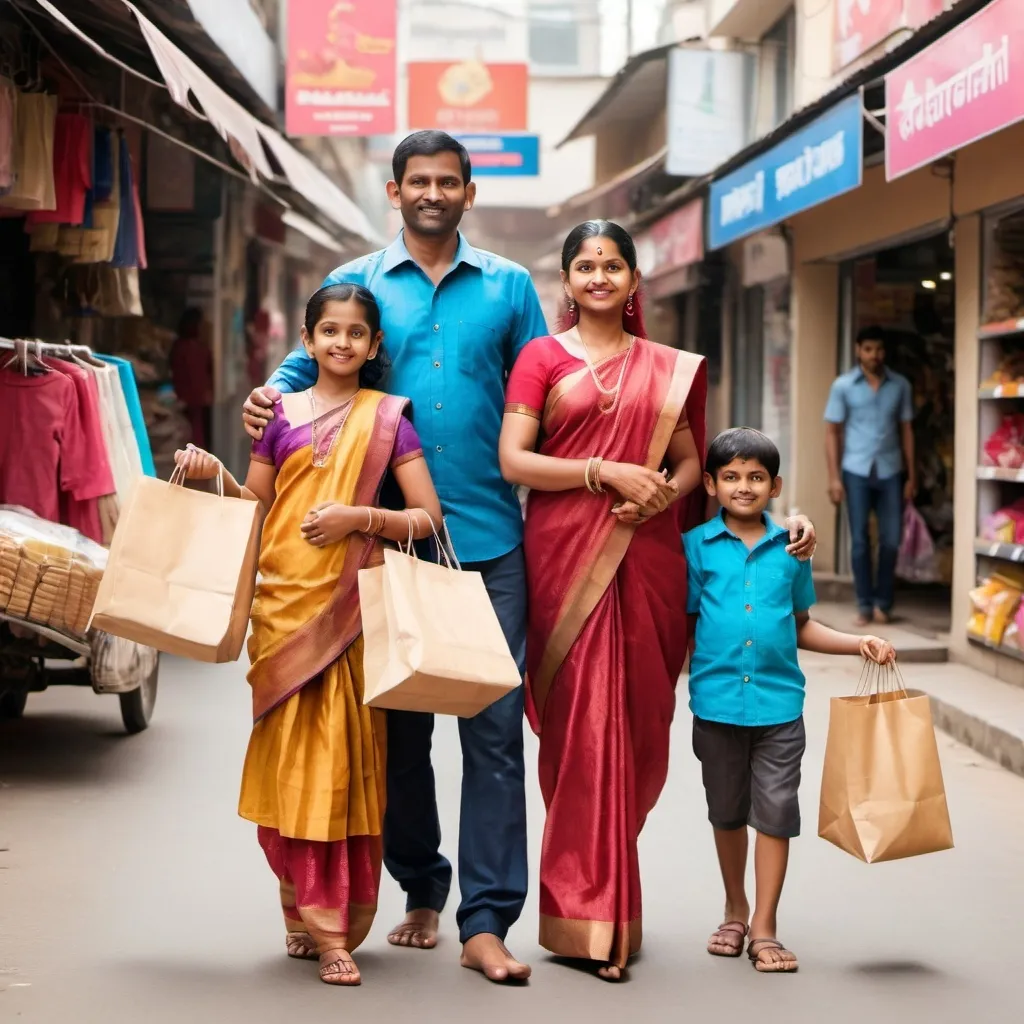 Prompt: A photo of indian traditional family (man, woman with 2 kids) who carries shopping bags. Behind of them a retail store is showing. Photo click by blaze camera,focus on family