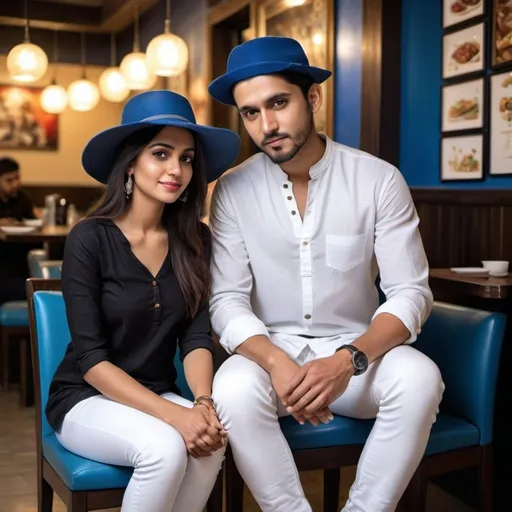 Prompt: Realistic photo of a woman in black kurta and white jeans, man in white shirt and blue jeans with blue hat, sitting in a restaurant, high quality, realistic, contemporary, detailed clothing, indoor lighting, vibrant colors, casual setting