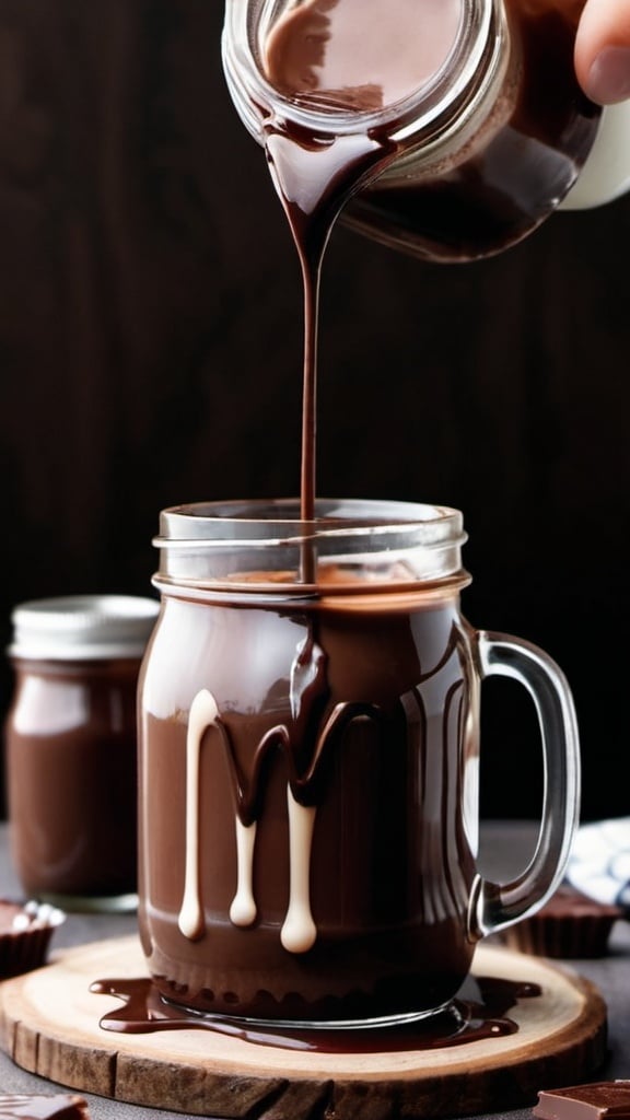 Prompt: A realistic photo click by blaze camera in which Chocolate syrup dripping from a jar with chocolate slices. Nearby is a milk jar with milk glistening from it.