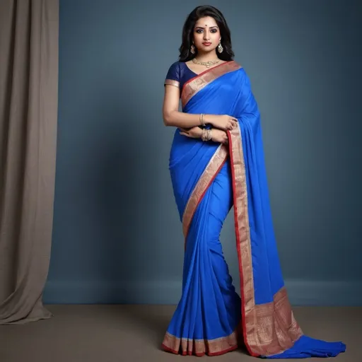 Prompt: Blue colour saree drape, a realistic photo click by blaze camera.