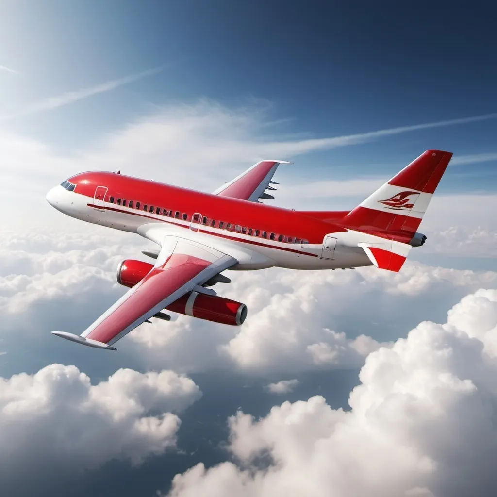 Prompt: Realistic closeup photo of red & white aeroplane who flying on the cloud, photo click by blaze camera , focus on windows 