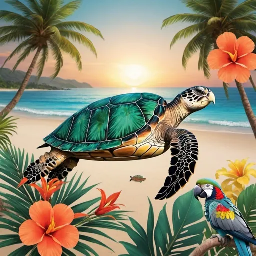Prompt: The design needs to be inspired by nature, with a focus on flowers and garden, a sea turtle on a sea beach and a Parrot with flower in its beak sit on a palm tree. Picture click by blaze camera