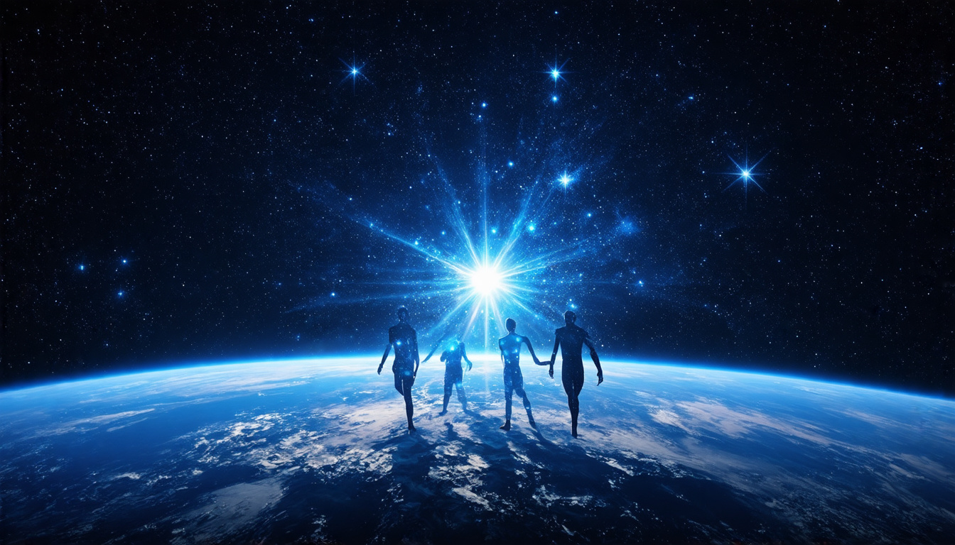 Prompt: stars taking the form of multiple people floating from outer space to earth. 
Make it so it seems like they are coming to earth. the image must be 1280 x 720 pixels

