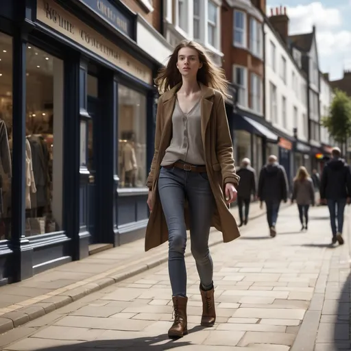 Prompt: Tall young woman walking down the high street, detailed clothing, realistic, natural lighting