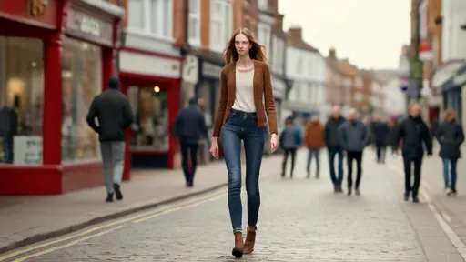 Prompt: Tall young woman walking down the high street, detailed clothing, realistic, natural lighting