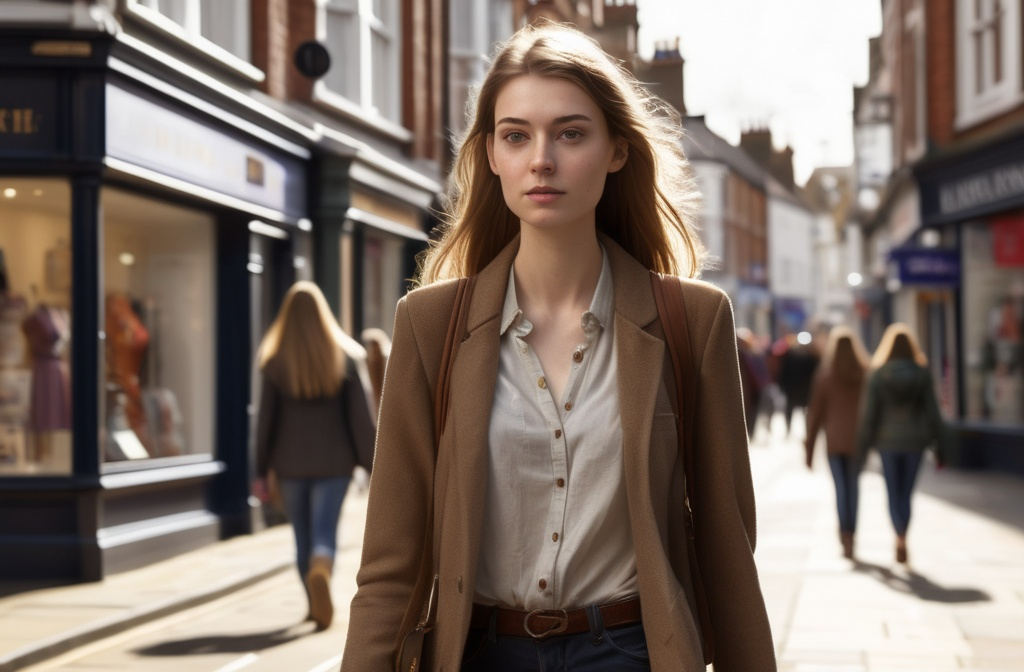 Prompt: Tall young woman walking down the high street, detailed clothing, realistic, natural lighting