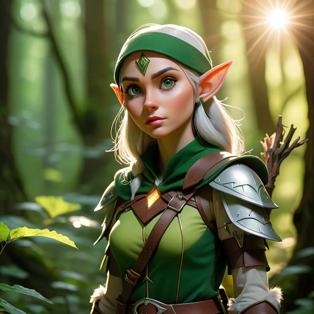 Prompt: Elf ranger in a mystical forest around sunlight