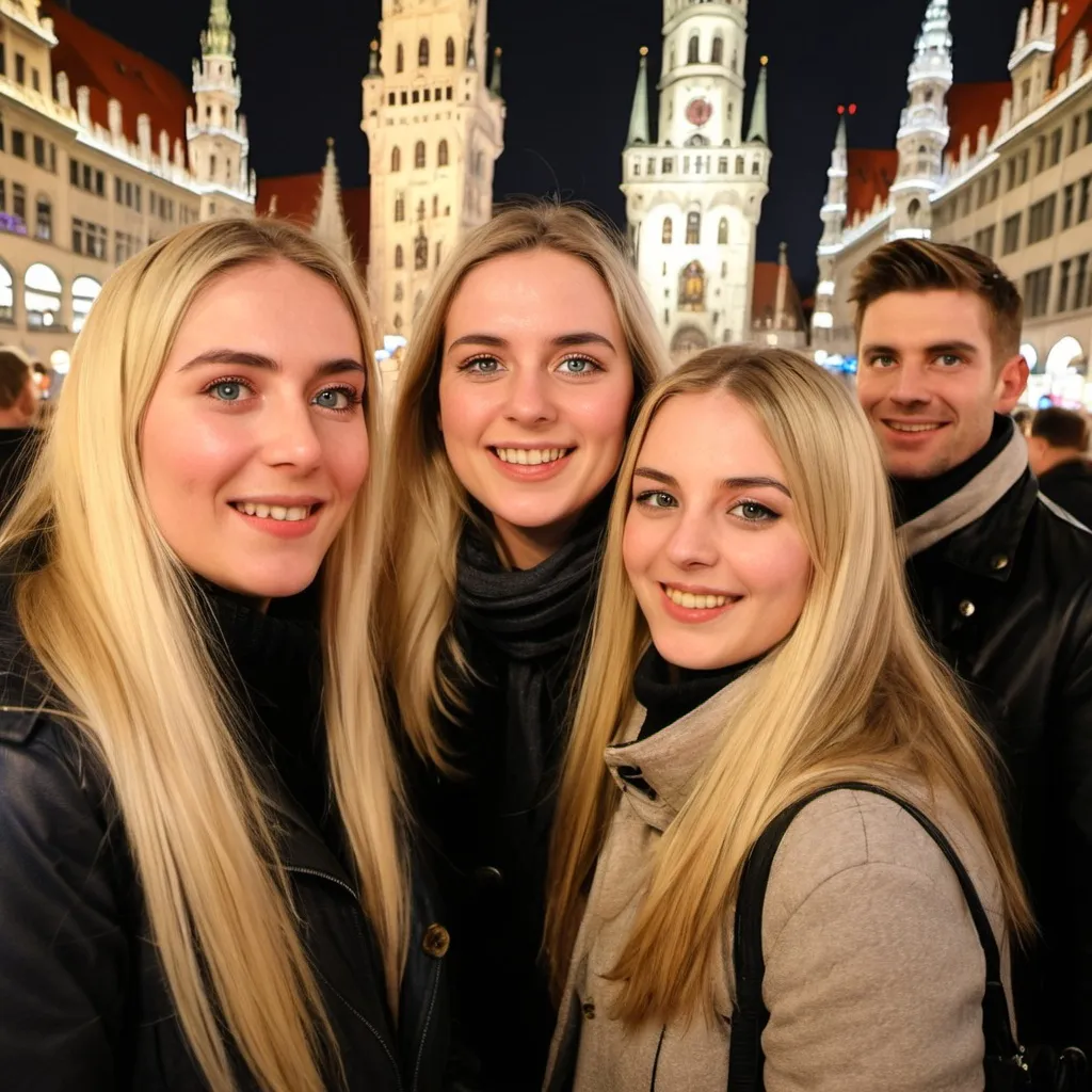 Prompt: Sylversterparty Männer und Frauen, am Marienplatz in München. Alle Frauen haben lange Blonde Haare! Frauen sind 25 Jahre alt, beste Auflösung, 16 k, 