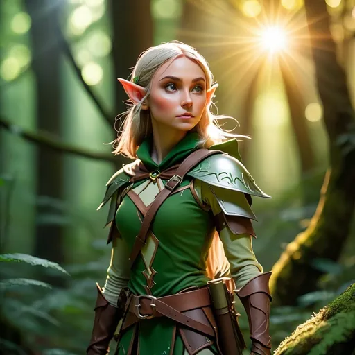 Prompt: Elf ranger in a mystical forest around sunlight