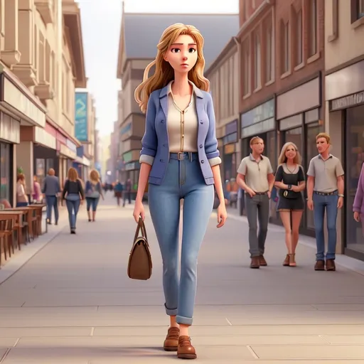 Prompt: Tall young woman walking down the high street, detailed clothing, realistic, natural lighting