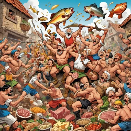 Prompt: a group of men and women from different cultures fighting in a big pile, with fish, ham, cheese and vegetables as weapons, in the style of a asterix comic