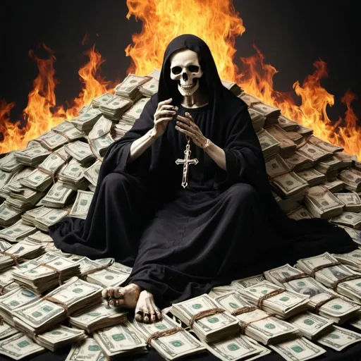 Prompt: Holy death on fire laying on a pile of money