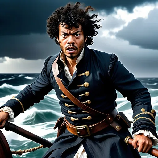 Prompt: Cinematic scene of Richard Ayoade in a long open pirate jacket, dynamic action with black kite shield and cutlass, stormy sea on the deck of a galleon, dramatic lighting and intense shadows, high contrast, detailed facial expression, rough seas, dramatic sky, high quality, dynamic action, dramatic lighting, stormy seas, intense shadows, detailed facial expression, high contrast