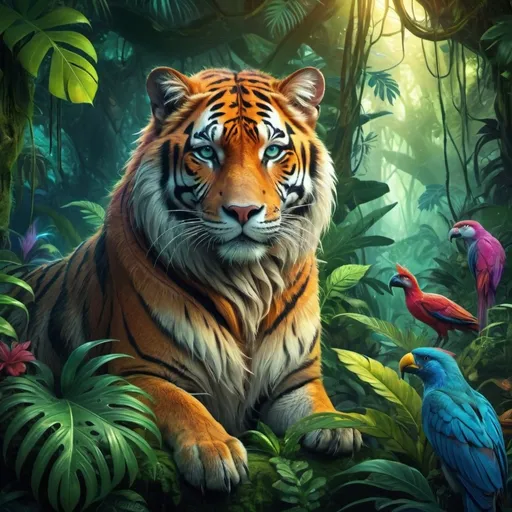 Prompt: (fantasy style), mystical creatures, vibrant colors, fabulous patterns, blending fur and skin textures, enchanted jungle background, lush foliage, whimsical atmosphere, glowing elements, magical lighting, dramatic shadows, vivid imagination, dreamlike scenery, unique character design, high quality, ultra-detailed, captivating and surreal composition.