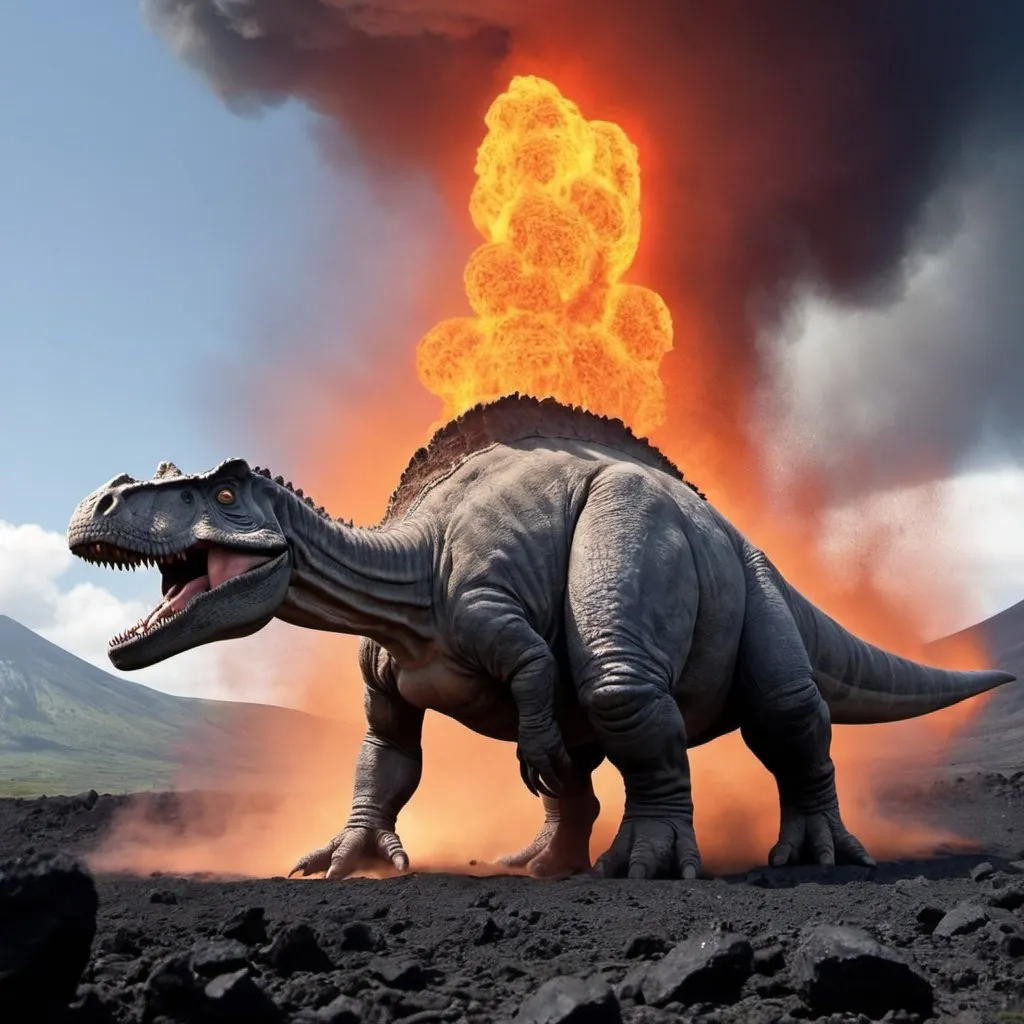 Prompt: le Sauropelta a peur car il tombe dans un volcan actif.