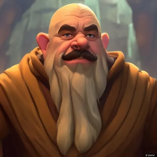 Prompt: Slightly ugly dwarf with a moustache and pointy ears, but no beard. The dwarf is wearing a hooded cloak