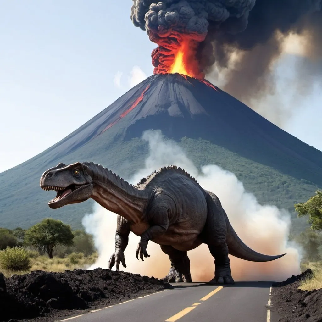 Prompt: le Sauropelta a peur car il tombe dans un volcan actif.