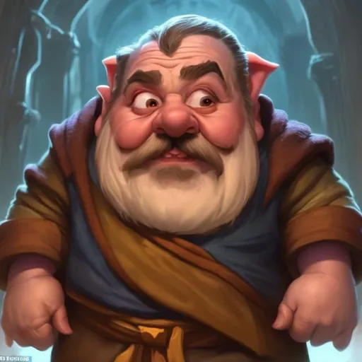 Prompt: Slightly ugly dwarf with a moustache and pointy ears, but no beard. The dwarf is wearing a hooded cloak