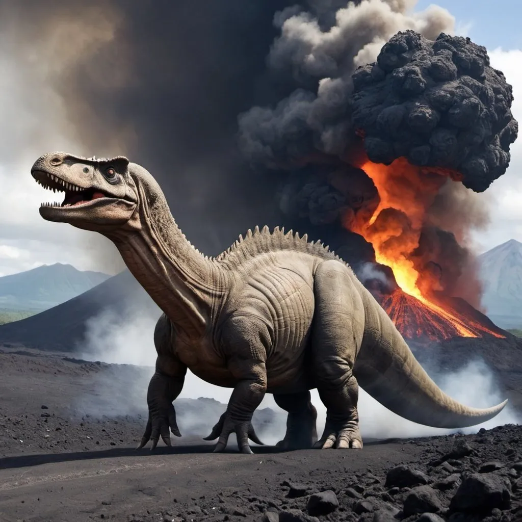 Prompt: le Sauropelta a peur car il tombe dans un volcan actif.