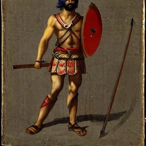 Prompt: Persian Gladiator holding a five pointed spear and a shield painted in the style of ancient romans
