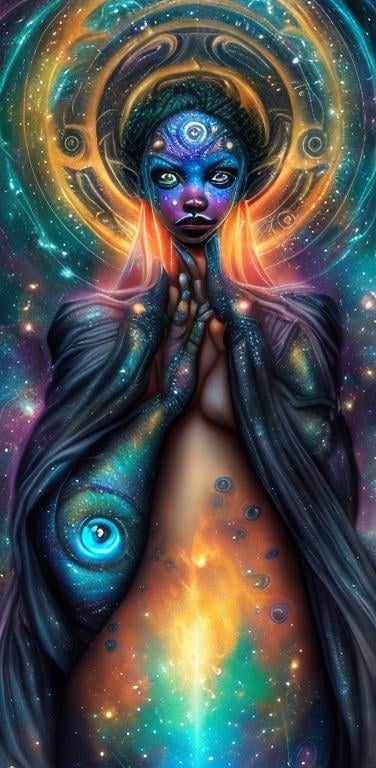 Prompt: eyes that are filled with the swirling lustre of galaxies and nebulae, blue-black skin adorned with shining constellations, fiery hair, and feet that drift over the ground and never land.
