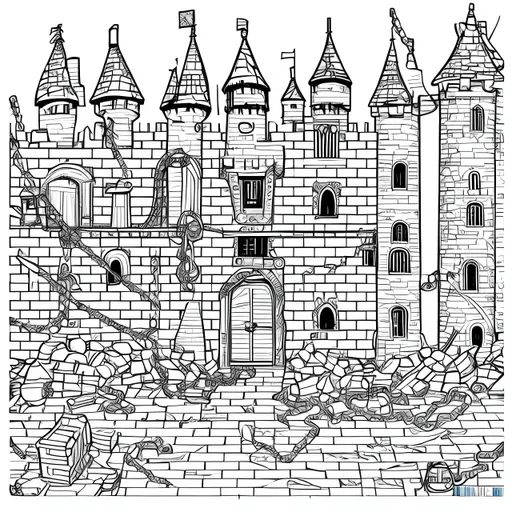 Prompt: Coloring book page with a castle dungeon, handcuffs hanging from chains, stone brick walls with cracks in them, and a whip hanging from the wall. Coloring book for children style. Black and white with black outlines of the objects and the bricks. Only two colors, White and Black
