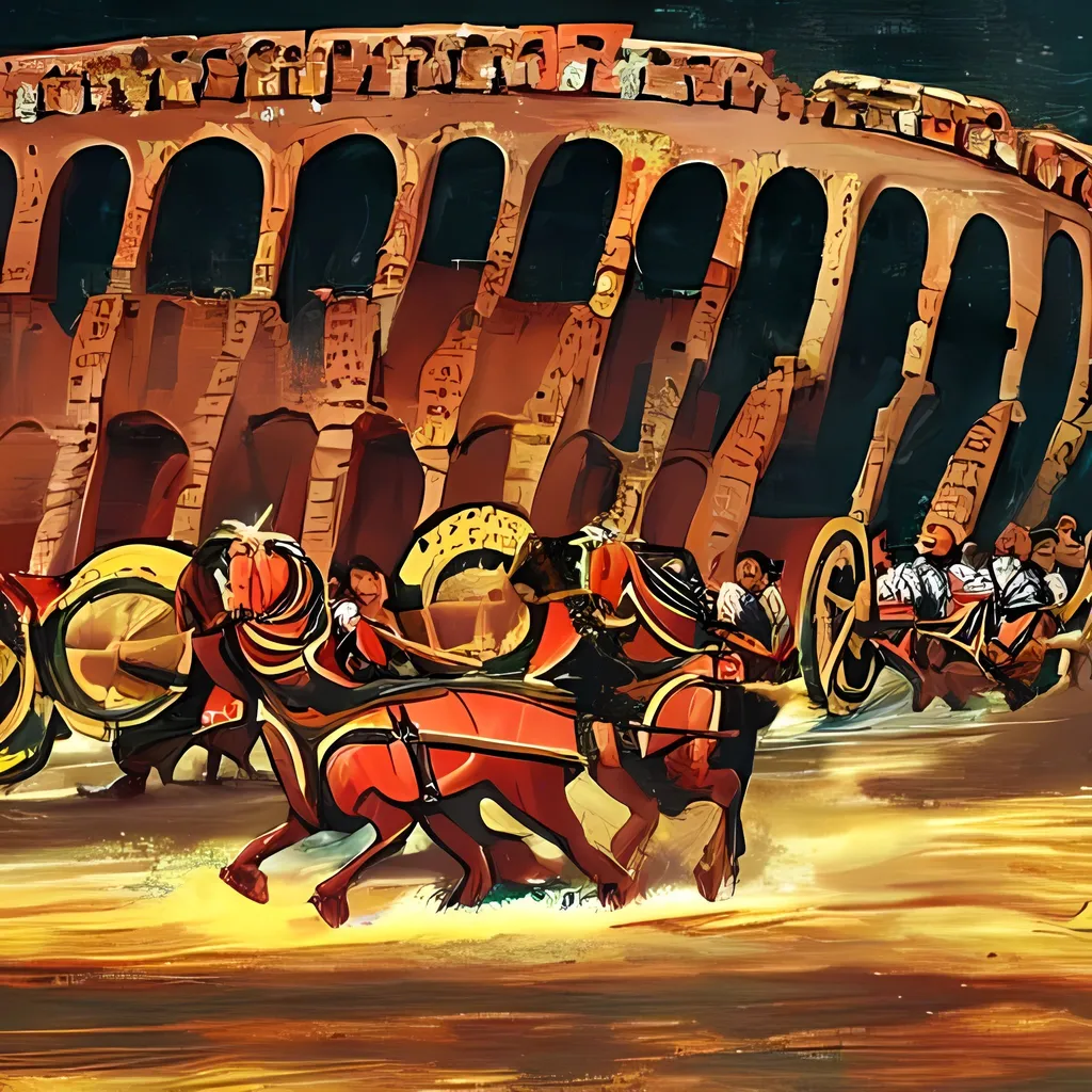 Prompt: Ancient Roman chariot race in the colosseum painted in warm colours in the style of ancient Rome. chariots pulled by Icelandic fjord horses. Gladiators behind the rains. The emperor and the audience cheering. 12 chariots with 2 colliding.