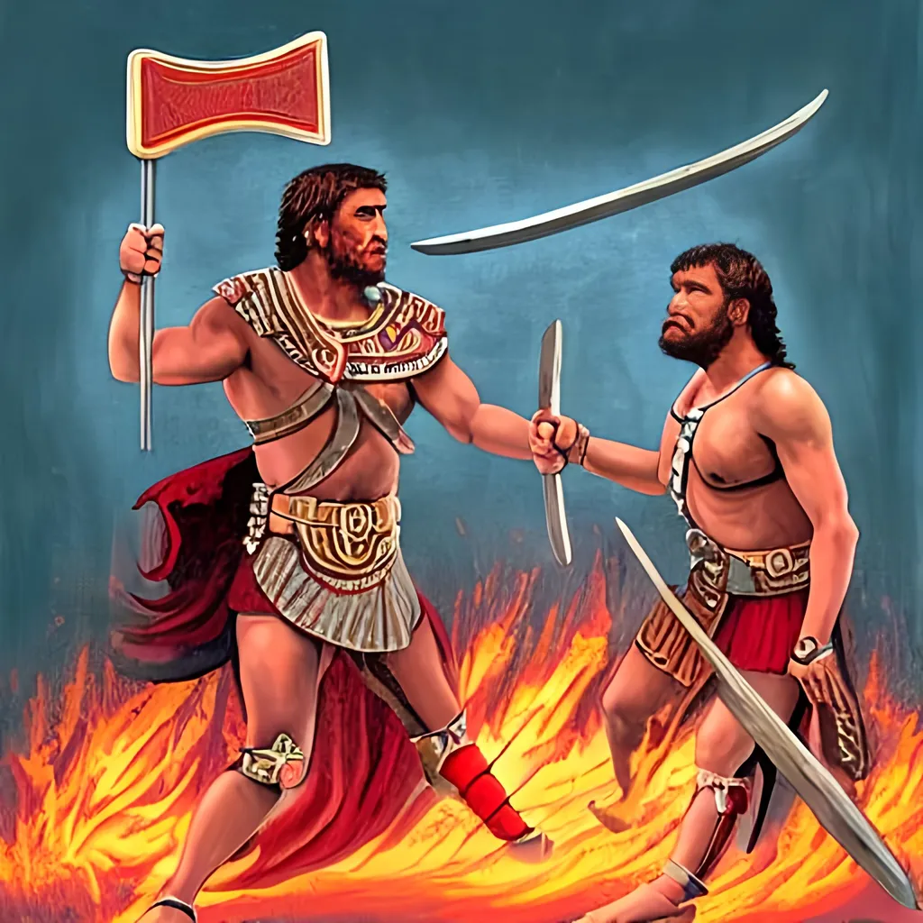 Prompt: Two Ancient Roman gladiators fighting in the colosseum. One gladiator is Inuit and the other gladiator is Polynesian. One gladiator is holding a teal trident in both hands. One gladiator is holding a sword in their left hand and a shield in their right. The sun is red. There are red embers falling from the sky.  Painted in the style of the Ancient Roman’s.