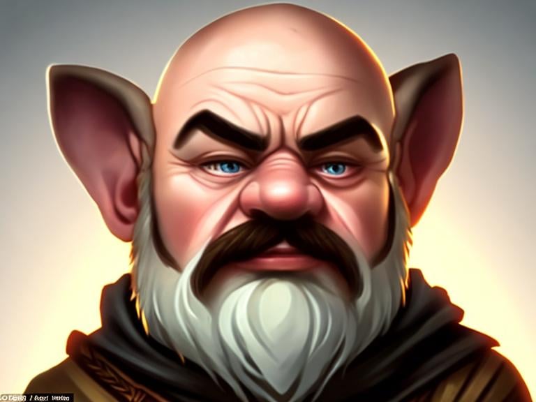 Prompt: Slightly ugly dwarf with a moustache and pointy ears, but no beard. The dwarf is wearing a hooded cloak