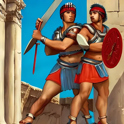 Prompt: Two Ancient Roman gladiators fighting in the colosseum. One gladiator is Inuit and the other gladiator is Polynesian. One gladiator is holding a teal trident in both hands. One gladiator is holding a sword in their left hand and a shield in their right. The sun is red. There are red embers falling from the sky.  Painted in the style of the Ancient Roman’s.