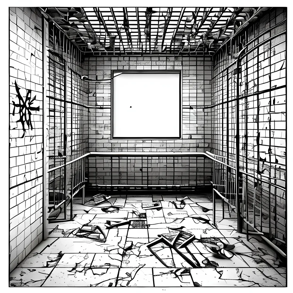 Prompt: Coloring page of an empty jail. a clock on the wall doesn’t tick. The bars are broken and bent. The paint is chipped and cracked. The balls have no chains. A skeleton in a prison uniform is on the floor. Only two colors, black and white. Looks like a children’s coloring page.