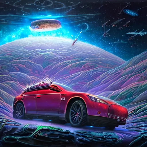 Prompt: Epic cinematic brilliant stunning intricate meticulously detailed dramatic atmospheric maximalist digital gauche painting planetary space. Galactic explosion. Rich flora. apple orchards. Ophanim and Seraphim.  Mountains. Untitled creations 32k resolution holographic astral cosmic illustration mixed media by Dan Mumford Greg Rutkowski Zdzisław Beksiński. Tesla Car driving on an ice lake in a snowglobe. House of belonging, Flower of forgiveness. impressive surrealist painting by Tim Burton and Sho Murase and eyvind earle. Architecture 