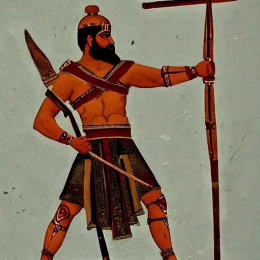 Prompt: Persian Gladiator holding a five pointed spear and a shield painted in the style of ancient romans