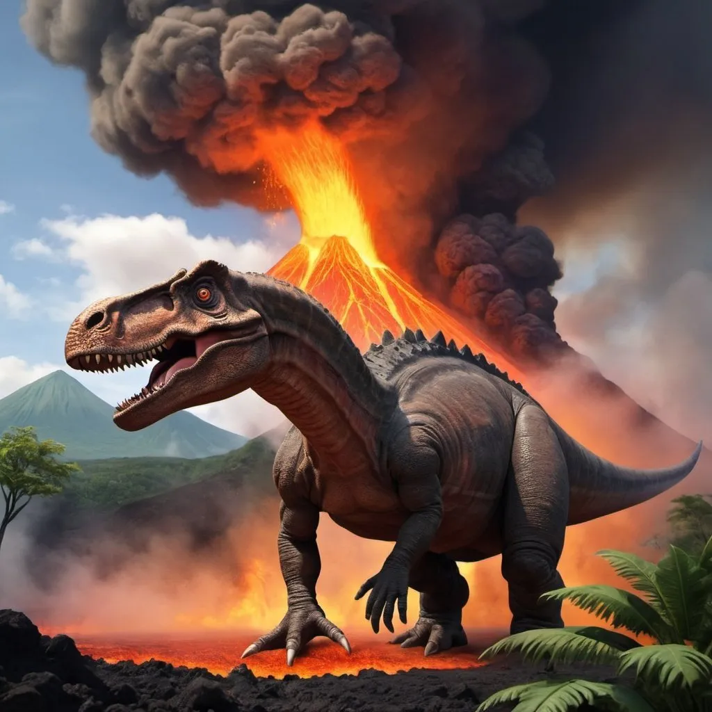Prompt: The Sauropelta is afraid, because he is falling into an active volcano.