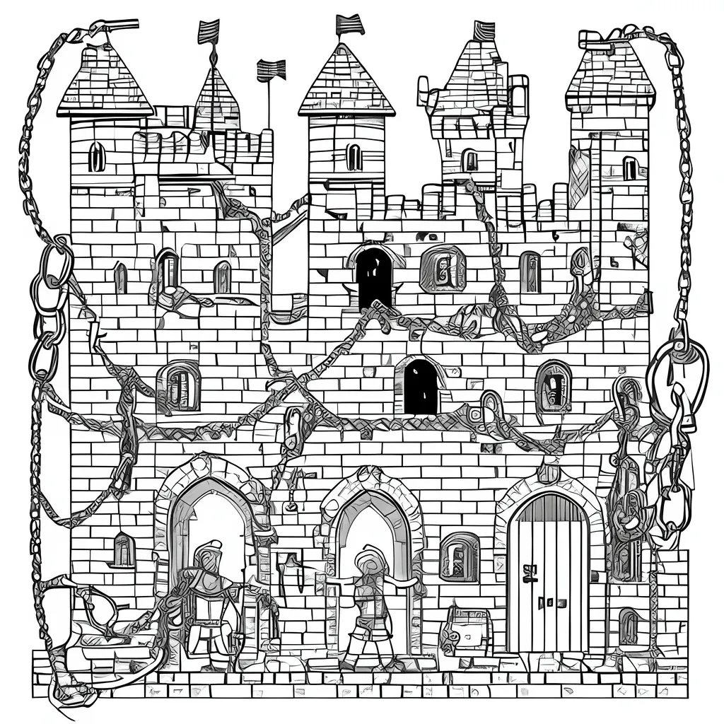 Prompt: Coloring book page with a castle dungeon, handcuffs hanging from chains, stone brick walls with cracks in them, and a whip hanging from the wall. Coloring book for children style. Black and white with black outlines of the objects and the bricks. Only two colors, White and Black