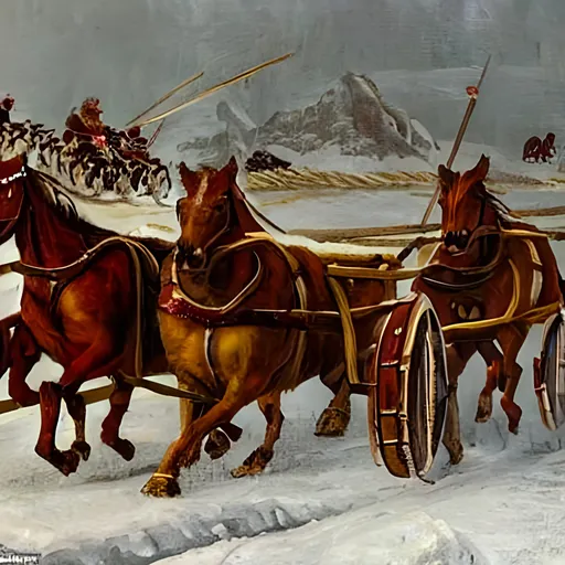 Prompt: Ancient Roman chariot races in the snowy mountains beautiful painting with cherry wood chariots pulled by Icelandic horses being whipped by Inuit chariot riders in the chariots