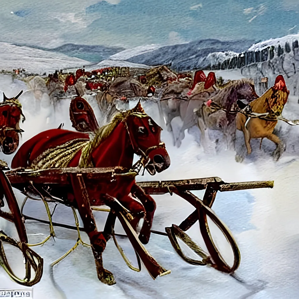 Prompt: Ancient Roman chariot races in the snowy mountains beautiful painting with cherry wood chariots pulled by Icelandic horses being whipped by Inuit chariot riders in the chariots